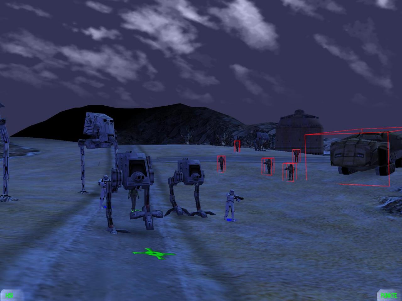 [26/11/2001] AUF IN DEN KAMPF Im Morgengrauen formiert sich eine imperieale Kommandoeinheit vor der eigenen Basis. Im Vordergrund sehen Sie die AT-PTs, eine Art Mini-Mech, die extra für das Spiel entwickelt wurden.